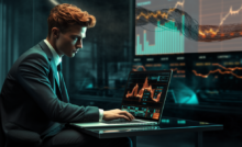 Un joven inversor que hace trading utilizando su ordenador portátil, aprendiendo a operar con cobre.